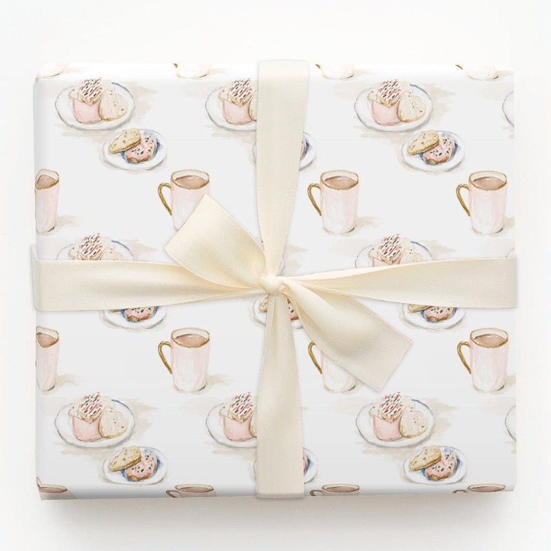 Pink Mug Cookie Gift Wrap, Watercolor Hot Cocoa Wrapping Paper, Holiday Sweets Wrapping Paper, Adorable Baker Christmas Wrapping Paper