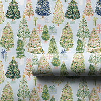 Whimsical Holiday Gift Wrap, Watercolor Christmas Tree Wrapping Paper, Light Blue Xmas Tree Wrapping Paper, Seasonal Gift Wrap Roll