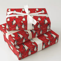Red Snowy Holiday Gift Wrap, Watercolor Penguin Christmas Wrapping Paper, Adorable Winter Animal Wrapping Paper, Festive Birthday Gift Wrap