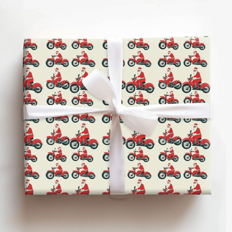 Red Motorcycle Gift Wrap, Chopper Santa Christmas Wrapping Paper, Biker Santa Holiday Wrapping Paper, Novelty Christmas Gift Wrap for Men