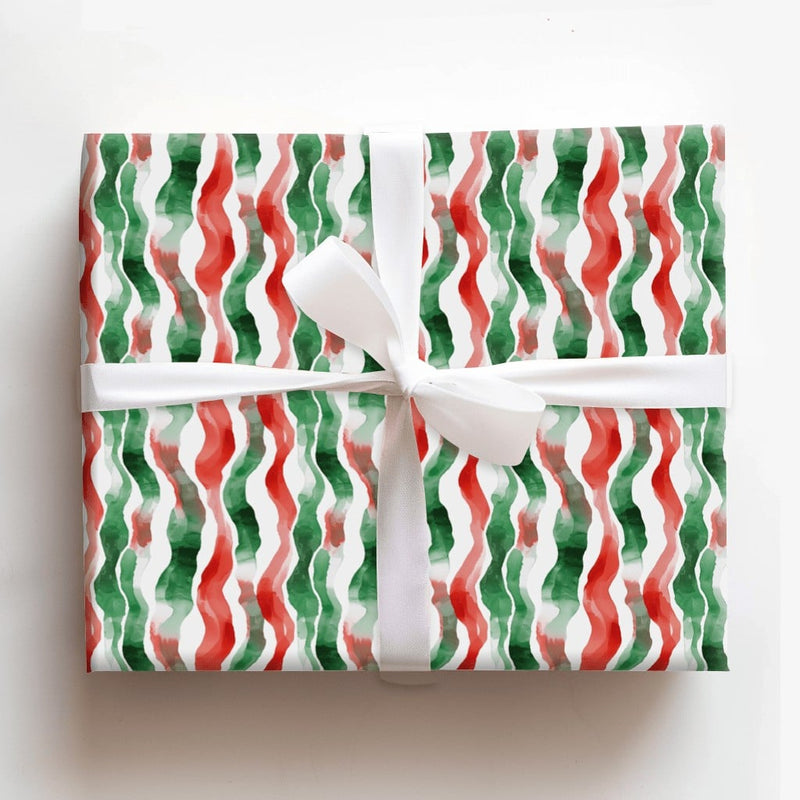 Red and Green Ribbon Gift Wrap, Watercolor Wavy Stripe Wrapping Paper, Modern Christmas Wrapping Paper, Festive Holiday Gift Wrap Roll