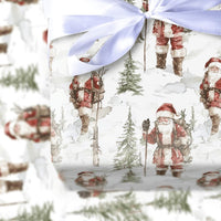 Snowy Forest Christmas Gift Wrap, Vintage Hiking Santa Wrapping Paper, Watercolor Santa Claus Present Paper, Rustic Holiday Present Paper Roll