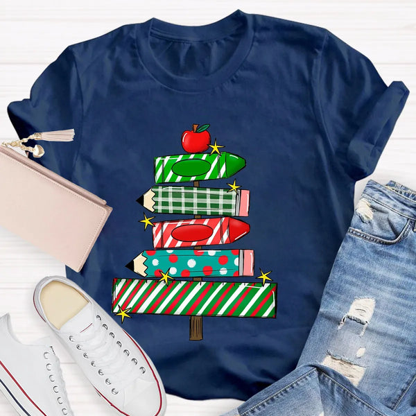 Festive Holiday Classroom Graphic Tee, Christmas Pencil Tree Teacher Shirt, Winter School Vacation T-Shirt, Xmas Teacher Pres