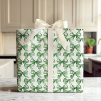 Watercolor Ribbon Bow Gift Wrap, Green Bows Wrapping Paper, Aesthetic Green Bow Gift Wrap, Christmas Holiday Wrapping Paper