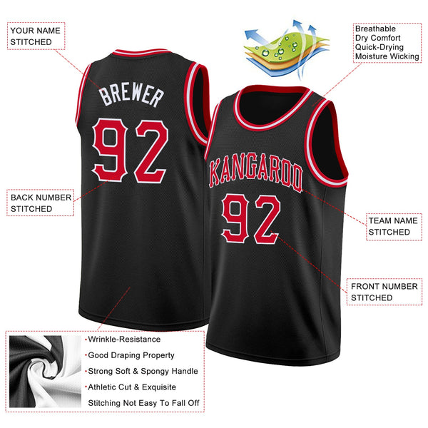 Custom Basketball Jersey - Black Red-White Round Neck Rib-Knit
