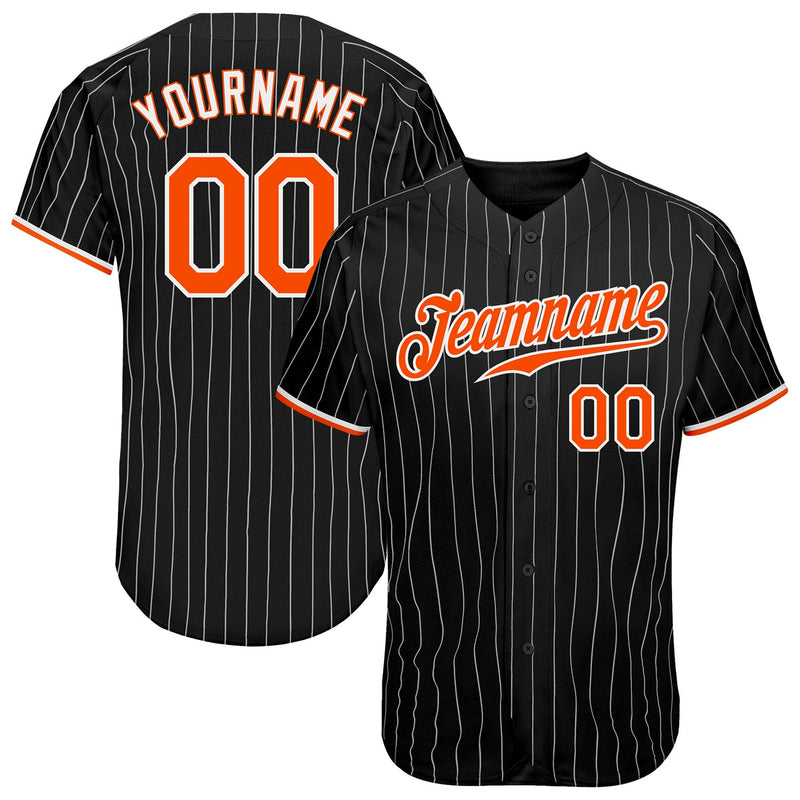 Custom Baseball Jersey - Black White Pinstripe Orange-White Authentic