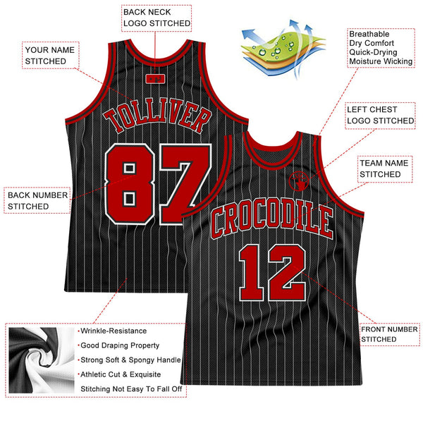 Custom Basketball Jersey - Black White Pinstripe Red-White Authentic