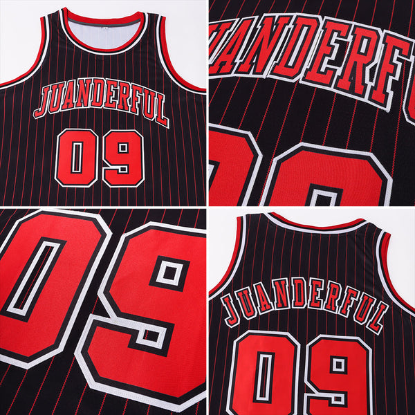 Custom Basketball Jersey - Black Red Pinstripe Red-White Authentic