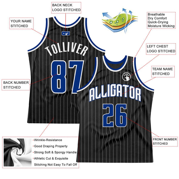 Custom Basketball Jersey - Black White Pinstripe Royal-White Authentic