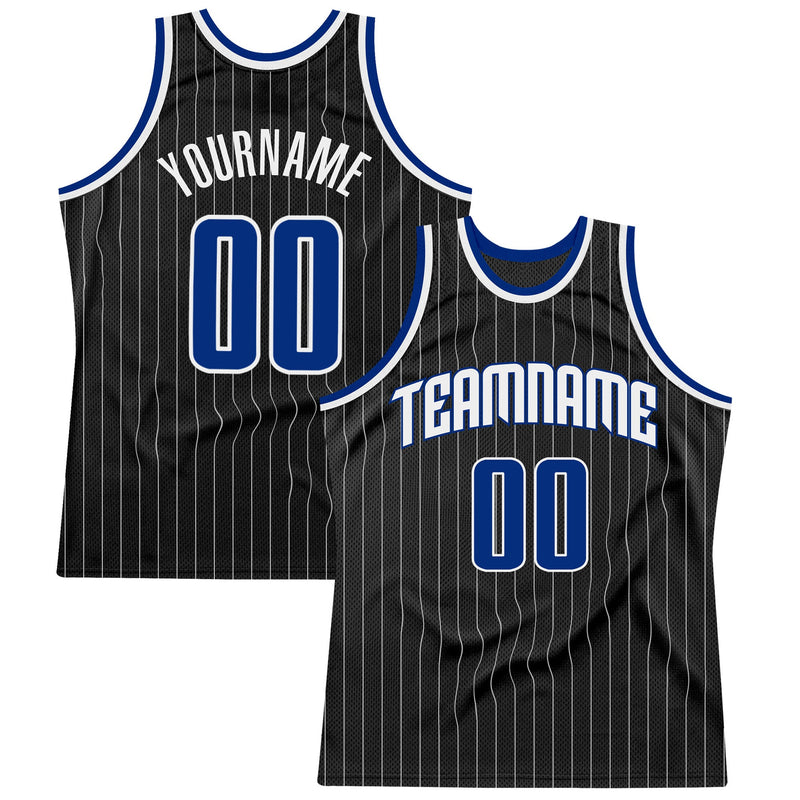 Custom Basketball Jersey - Black White Pinstripe Royal-White Authentic