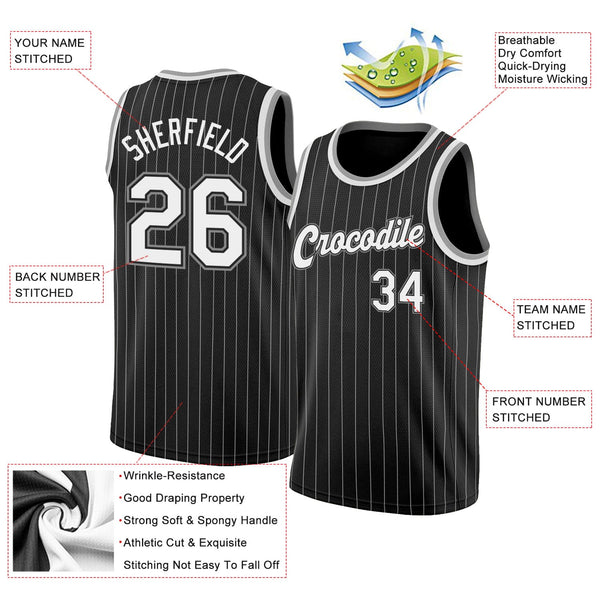 Custom Basketball Jersey - Black White Pinstripe White-Gray Authentic