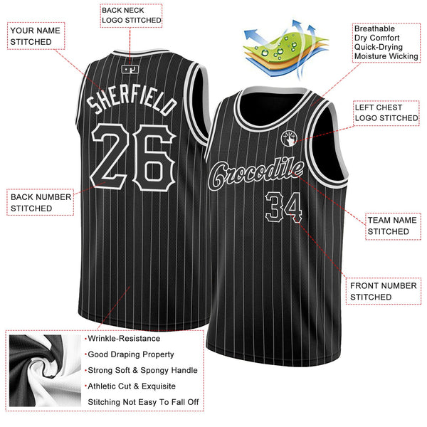 Custom Basketball Jersey - Black White Pinstripe Black-White Authentic