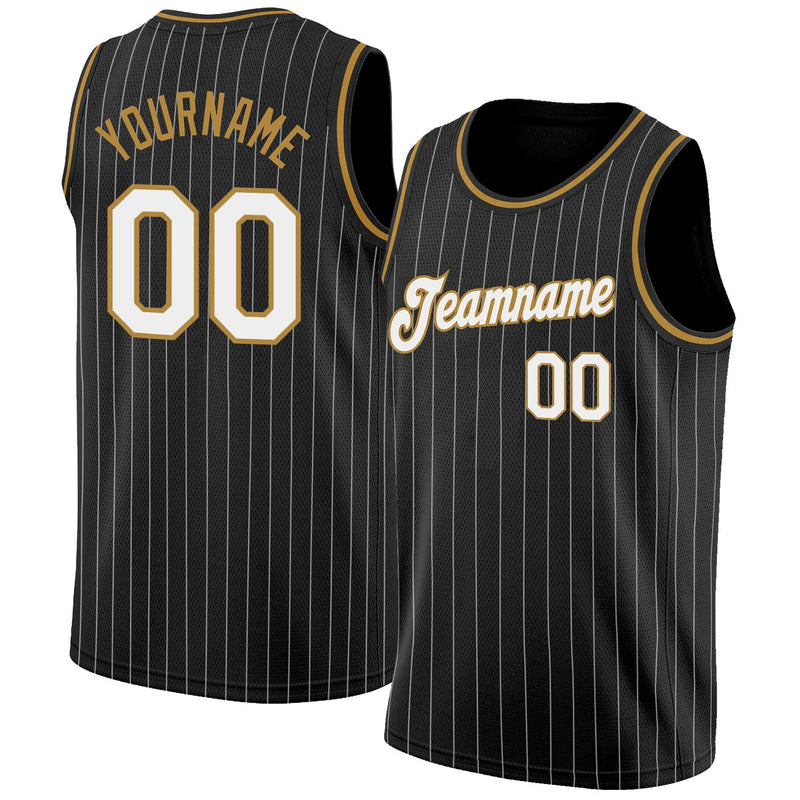 Custom Basketball Jersey - Black White Pinstripe White-Old Gold Authentic