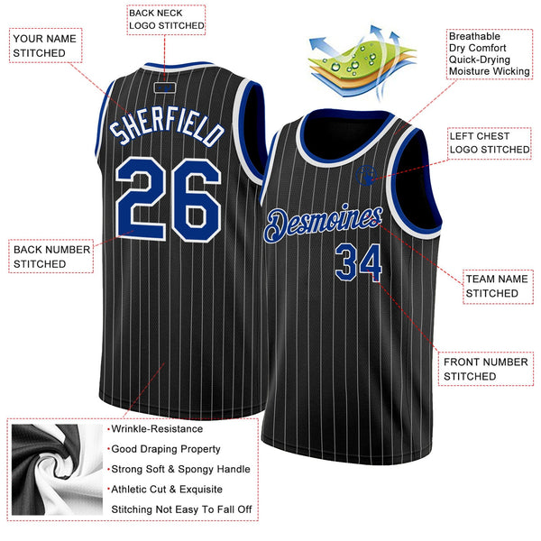 Custom Basketball Jersey - Black White Pinstripe Royal-White Authentic