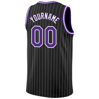Custom Basketball Jersey - Black White Pinstripe Purple-White Authentic