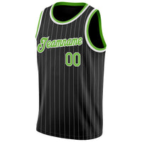 Custom Basketball Jersey - Black White Pinstripe Neon Green-White Authentic