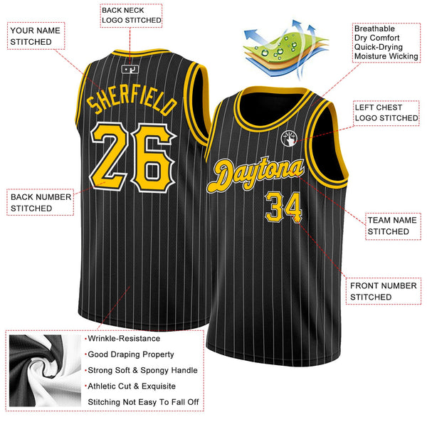 Custom Basketball Jersey - Black White Pinstripe Gold-White Authentic