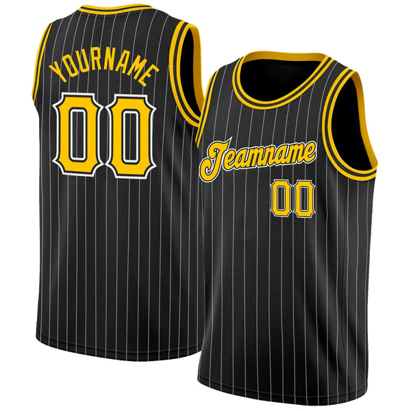 Custom Basketball Jersey - Black White Pinstripe Gold-White Authentic