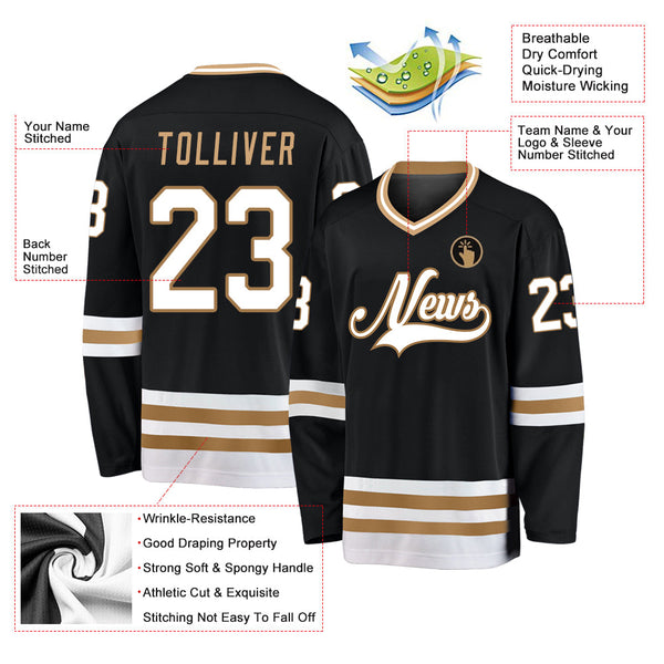 Custom Hockey Jersey - Black White-Old Gold