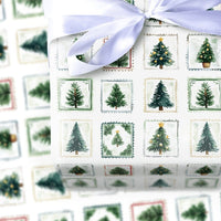 Vintage Holiday Stamp Gift Wrap, Christmas Tree Postage Stamp Wrapping Paper, Retro Xmas Tree Wrapping Paper, Festive Winter Gift Wrap Roll
