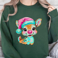 Brushstroke Holiday Crewneck, Retro Reindeer Christmas Sweatshirt, Colorful Deer Graphic Pullover, Merry Xmas Season Comfy Sweater