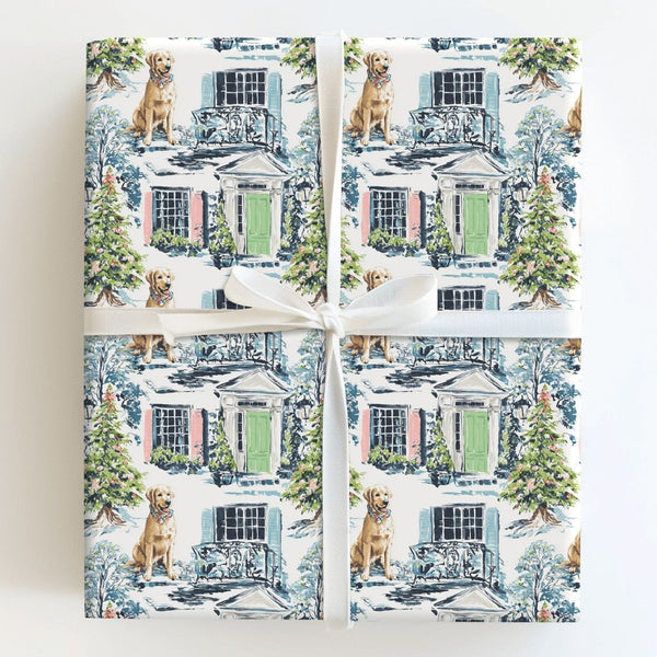 Colonial House Gift Wrap, Yellow Labrador Christmas Wrapping Paper, Festive Dog Wrapping Paper, Holiday Gift Wrap, Dog Lover 