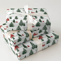 Pine Tree Christmas Gift Wrap, Watercolor Snowy Village Wrapping Paper, Winter Village Holiday Wrapping Paper, Rustic Xmas Gift Wrap Roll