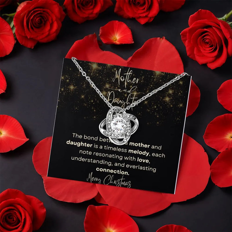 Sparkling CZ Mom Pendant, Mother and Daughter Love Knot Necklace, Gold Finish Family Jewelry, Meaningful Christmas Holiday Present for Mother