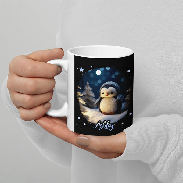 Custom Name Adorable Winter Animal Ceramic Mug, Personalized Penguin Mug, Holiday Coffee Mug, Adorable Christmas Penguin Cup 