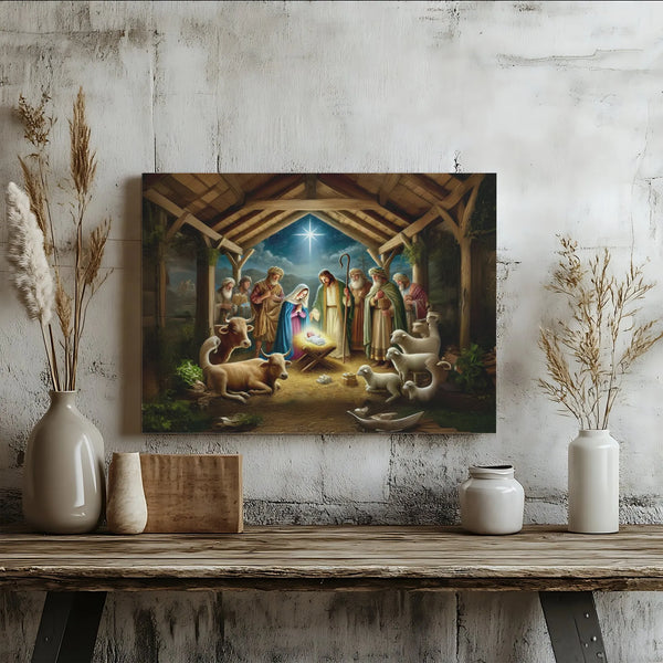 Christmas Manger Bethlehem Star Oil Painting Canvas Art, Holy Nativity Scene Canvas, Christian Religious Print, Xmas Home Wal