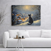 Snowy Village Winter Canvas Art, Black Cat Christmas Canvas Print, Comfy Holiday Night Wall Art, Christmas Cat Canvas Decor, Cat Lover Present