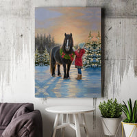 Girl and Pony Winter Snow Scene Painting Print, Christmas Horse Canvas Wall Art, Holiday Farmhouse Poster, Equestrian Digital Download Decor