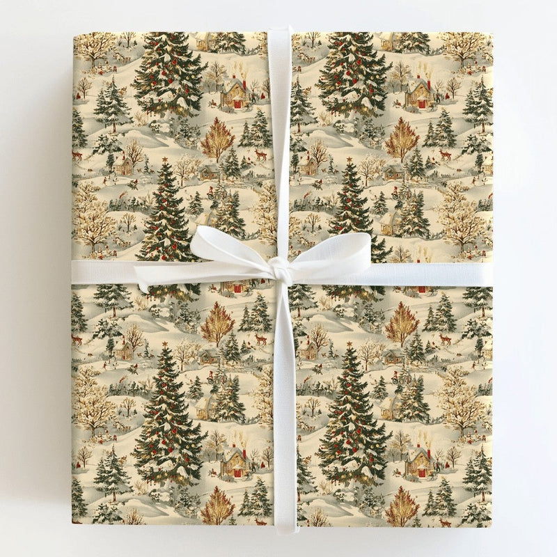 Snowy Christmas Cabin Gift Wrap, Vintage Winter Village Wrapping Paper, Nostalgic Holiday Scene Wrapping Paper, Seasonal Present Gift Wrap