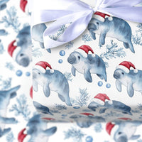 Coastal Nautical Holiday Gift Wrap, Manatee Christmas Wrapping Paper, Santa Hat Sea Cow Wrapping Paper, Marine Life Xmas Gift Wrap Roll