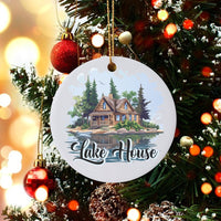 Log Cabin Nature Ornament, Rustic Lake House Ceramic Ornament, Comfy Woodland Forest Holiday Ornament, Cabin Owner Christmas Tree Ornament
