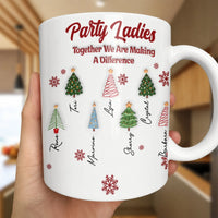 Festive Tree Names Snowflakes Coffee Mug, Party Ladies Christmas Mug, Holiday Girl Squad Ceramic Cup, Xmas Friend Mug Present