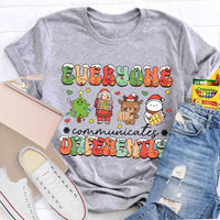 Festive Lights Neurodiversity Tee, Everyone Communicates Differently Christmas Shirt, SPED Teacher Holiday T-Shirt, ASL Xmas Present