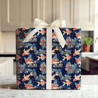 Winter Fish Gift Wrap, Goldfish Holiday Wrapping Paper, Pine Holly Berry Wrapping Paper, Navy Blue Xmas Gift Wrap, Aquatic Christmas Paper
