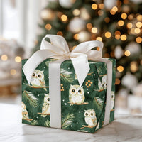 Forest Green Christmas Gift Wrap, Woodland Owl Wrapping Paper, Watercolor Winter Pine Present Paper, Snowy Bird Holiday Wrapping Paper