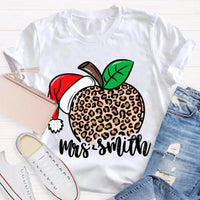 Custom Name Christmas T-Shirt, Personalized Leopard Santa Hat Shirt, Festive Holiday Graphic Tee, Comfy Xmas Present for Her, Adorable Top