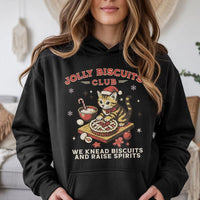 Jolly Biscuits Club Holiday Graphic Hoodie, Christmas Cat Baking Hoodie, Humorous Cat Lover Xmas Pullover, Adorable Kitty Baker Winter Hoodie