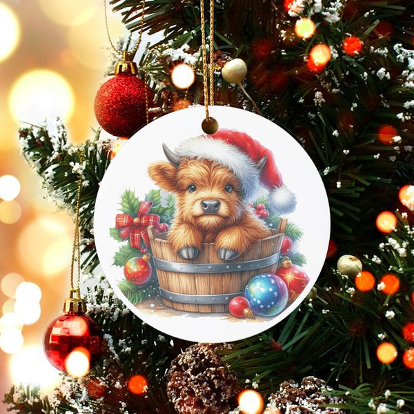Adorable Cow in Bucket Ornament, Baby Highland Cow Christmas Ornament, Farmhouse Animal Ceramic Ornament, Rustic Holiday Tree