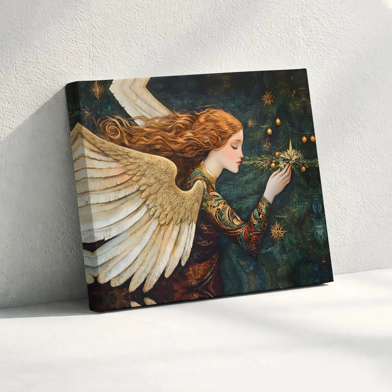 Redhead Angel Decorating Tree Print, Christmas Angel Canvas Wall Art, Golden Wings Holiday Canvas Decor, Winter Digital Download Present