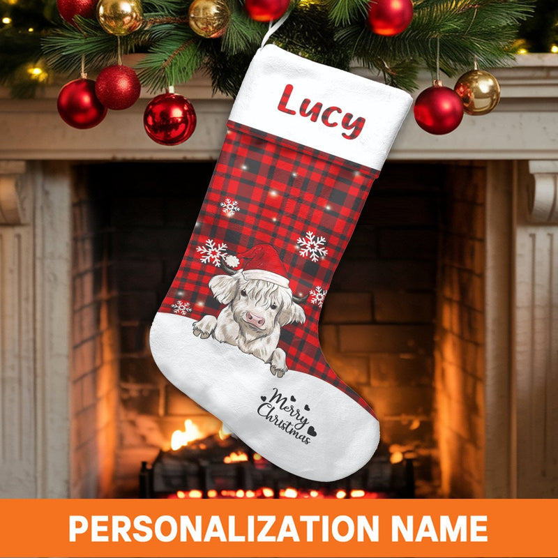 Red Buffalo Plaid Holiday Stocking, Personalized Highland Cow Christmas Stocking, Custom Name Xmas Stocking, Festive Family Holiday Decor