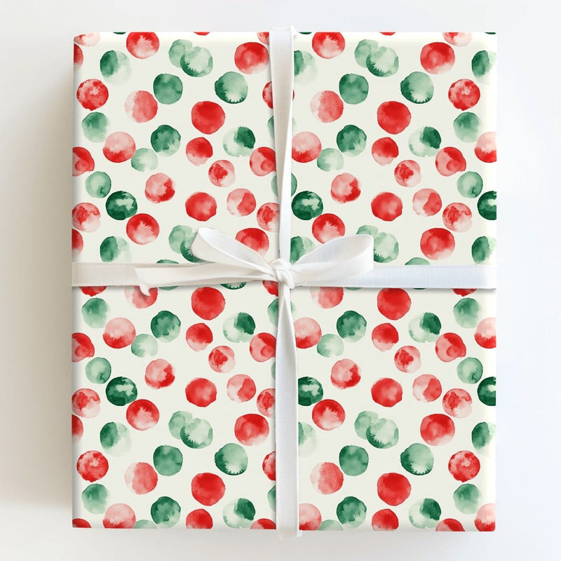 Watercolor Holiday Gift Wrap Roll, Red and Green Polka Dot Christmas Wrapping Paper, Abstract Dot Present Paper, Festive Xmas Wrapping Paper