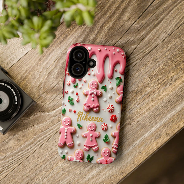 Adorable 3D Christmas Cookie Candy Case, Pink Gingerbread iPhone Case, Pastel Holiday Tough Phone Case, Girly Festive Xmas Ph