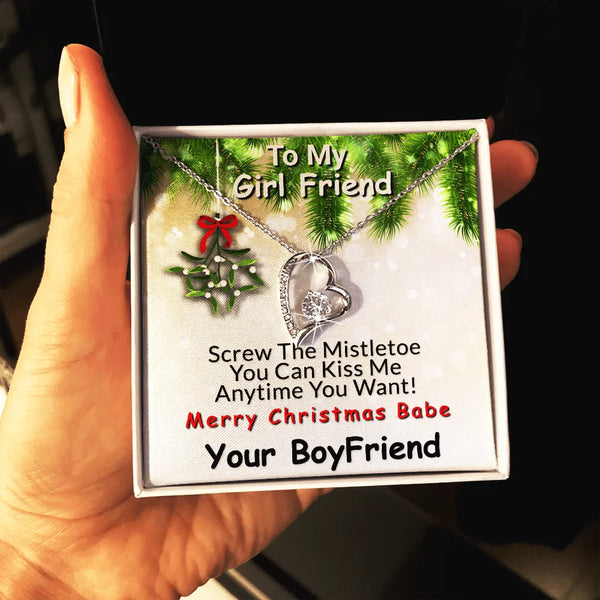 14K White Gold CZ Heart Pendant, Mistletoe Message Forever Love Heart Necklace, Romantic Christmas Holiday Jewelry, Girlfrien