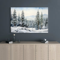 Snowy Pine Landscape Painting Print, Winter Forest Canvas Wall Art, Peaceful Holiday Season Decor, Rustic Christmas Tree Art Canvas