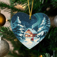 Northern Lights Winter Scene Ceramic Keepsake, Santa Snowy Cabin Heart Ornament, Holiday Christmas Tree Ornament, Winter Present