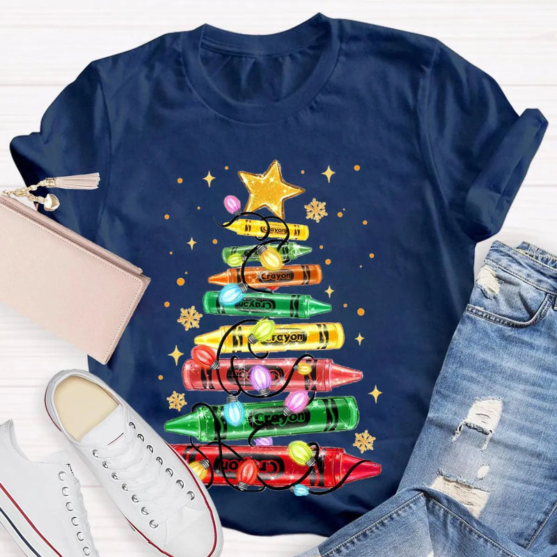 Colorful Holiday Crayon T-Shirt, Christmas Crayon Tree Shirt, Adorable Festive Tree Tee, Art Teacher Xmas Graphic Tee, Holiday Season Apparel